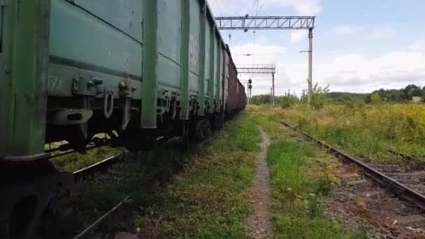 4K marchant le long d'une ornière envahie d'herbe à l'ancienne gare près du châssis du train de marchandises — Video