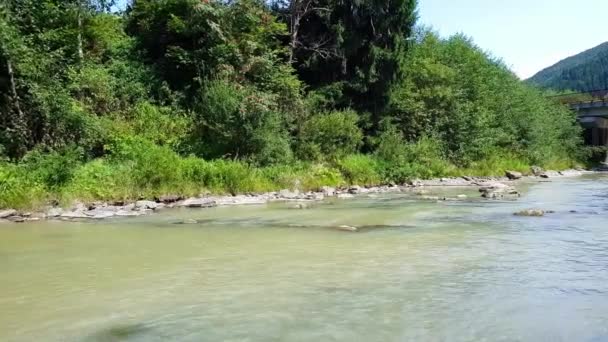 Płytkie górskie rzeki z szybkim przepływem w Karpatach z skalistym dnie. 4K fotografowania górskiej rzeki z kamiennymi mostami — Wideo stockowe