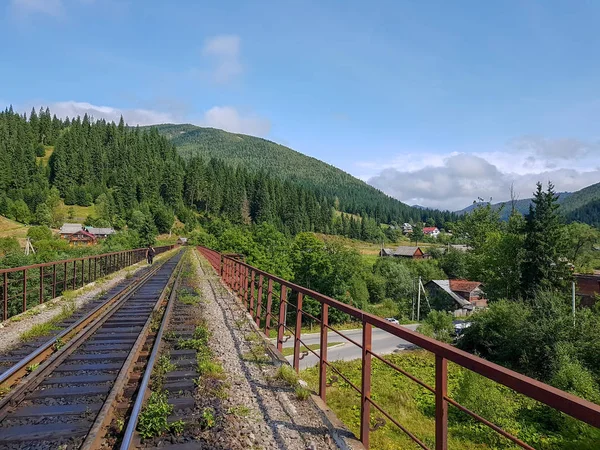 Güzel dağ dar-gauge demiryolu, Vorohta köyünde orman geçen Karpatlar dağlarında raylar, Ivano-Frankivsk bölge, Ukrayna