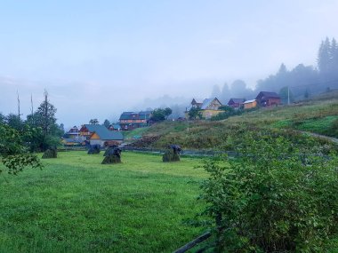Karpat dağlarında yaz gün doğumu. Dağ vadisinde pitoresk sabah manzarası. Sanatsal tarzı sonrası işlenmiş fotoğraf. Doğa kavramı arka plan güzelliği. küçük bir köy