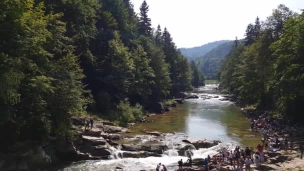 Water stream flow among stones. Clear water quickly fall downhill flowing around dark wet stones. Close-up of waterfall pouring down black rocks. Beautiful mountain waterfall — Stock Video