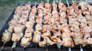 Şişleri döndüren bir erkek eli. Şiş kebap. Kömür ızgarasında kızartılan domuz eti mi kuzu eti mi? Kalanı da ızgara et..