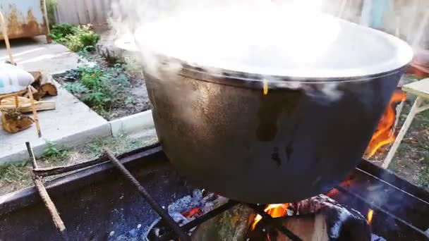 Бограч. Суп с паприкой, мясом, бобами, овощами, пельменями. Традиционный венгерский гуляш в котле. Еда, приготовленная на открытом огне. Вкусная и здоровая пища популярна в Центральной Европе — стоковое видео