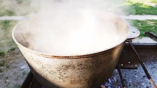 Bograch. Sopa con pimentón, carne, frijol, verdura, albóndigas. Goulash tradicional húngaro en caldero. Comida cocinada al aire libre en un fuego abierto. Deliciosa y saludable comida popular en Europa Central — Vídeo de stock