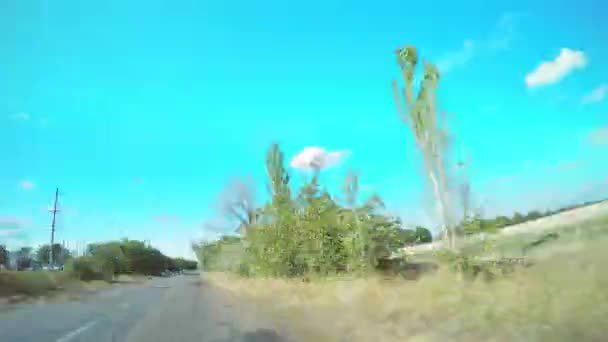 4K Hyperlapse unidad en un viejo camino de campo con una plantación y con una superficie de asfalto pobre . — Vídeo de stock