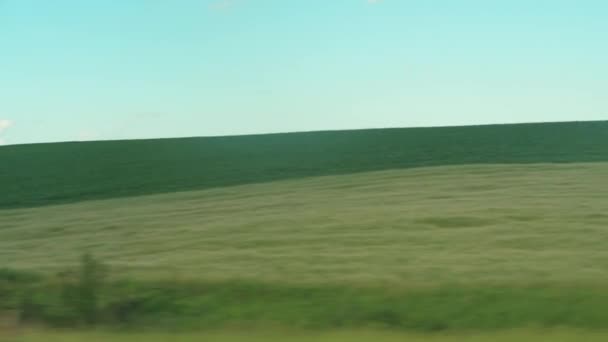 Transporte, viagem, estrada, estrada de ferro, paisagem, conceito de comnicação - visão da janela do trem de velocidade na paisagem de belos campos de natureza de prados de natureza e floresta em dia brilhante com nuvens — Vídeo de Stock