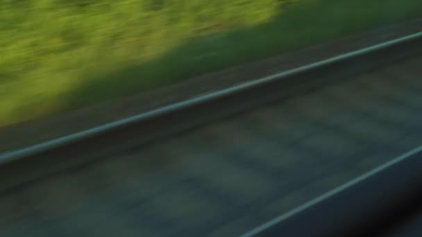 Trasporto, viaggi, strada, ferrovia, paesaggio, concetto di comnicazione - vista dalla finestra del treno di velocità sul paesaggio di belle rotaie parallele campo naturale e foresta in giornata luminosa con rare nuvole bianche — Video Stock