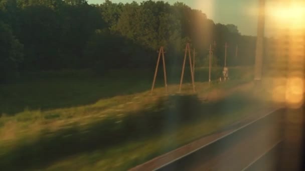 Transporte, viajes, carretera, ferrocarril, paisaje, concepto de comunicación - vista desde la ventana del tren de velocidad en el paisaje de hermoso campo de la naturaleza y el bosque con el reflejo de las rayas del atardecer en el vidrio en verano — Vídeo de stock