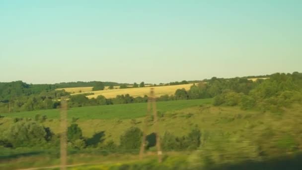 Transporte, viagem, estrada, caminho de ferro, paisagem, conceito de comnicação - visão do brilho de janela no vidro do trem de velocidade na paisagem de belos campos de natureza de prados e floresta antes do pôr do sol no verão — Vídeo de Stock