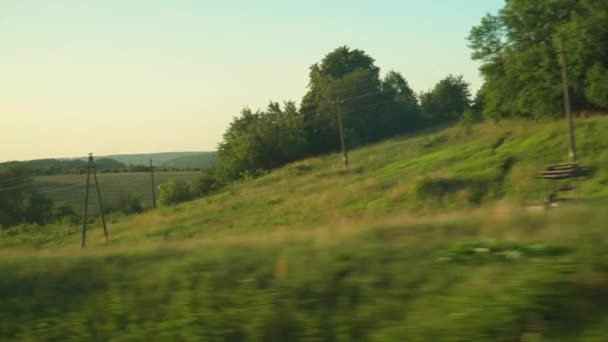 Transport, travel, road, railway, landscape, comnication concept - view from window glare on glass of speed train on landscape of beautiful nature fields of meadows and forest before sunset in summer — Stock Video