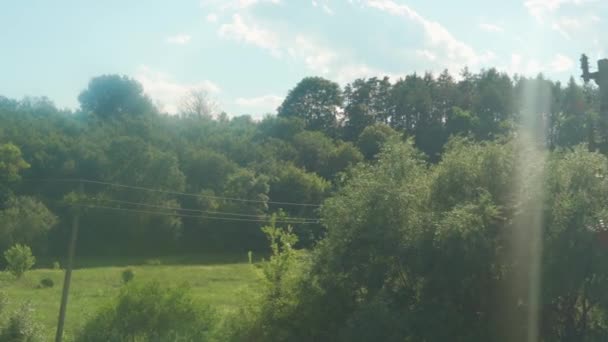 Transporte, viajes, carretera, ferrocarril, paisaje, concepto de comunicación - vista desde el resplandor de la ventana en el cristal de tren de velocidad en el paisaje de hermosos campos naturales de prados de la naturaleza y el bosque en un día brillante — Vídeos de Stock