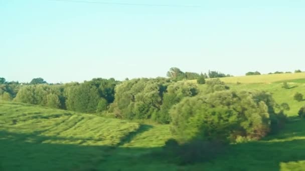 Vervoer, reizen, weg, spoorweg, landschap, comnicatie concept - uitzicht vanuit het raam van de sneltrein op het landschap van prachtige natuurgebied weg met auto 's en bos op heldere dag met zeldzame witte wolken — Stockvideo