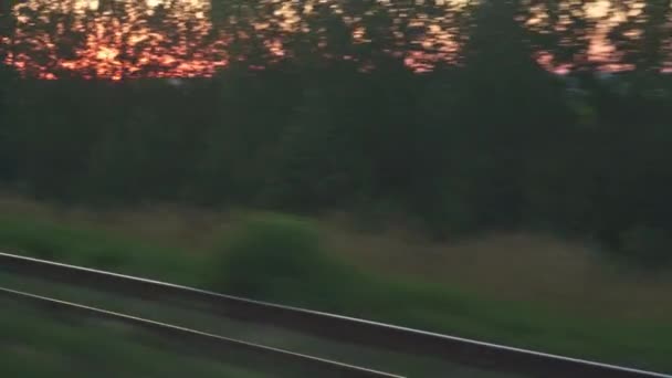 Transporte, viajes, carretera, ferrocarril, paisaje, concepto de comunicación: vista desde la ventana del tren de velocidad con deslumbramiento en el vidrio hasta la puesta de sol para romper las coronas de los árboles antes del atardecer en verano — Vídeo de stock