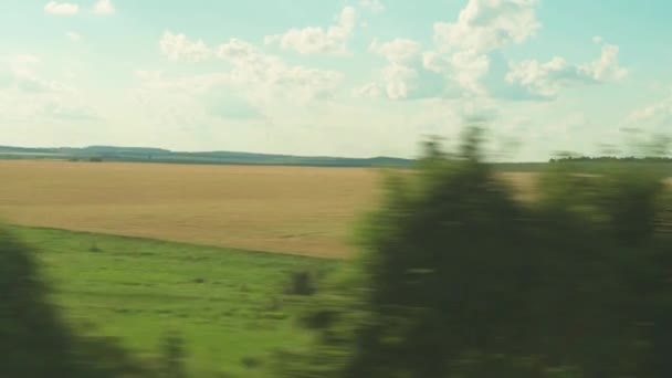 Transporte, viajes, carretera, ferrocarril, paisaje, concepto de comunicación - vista desde la ventana del tren de velocidad en el paisaje de hermosos campos naturales de prados de la naturaleza y el bosque en un día brillante con nubes — Vídeo de stock