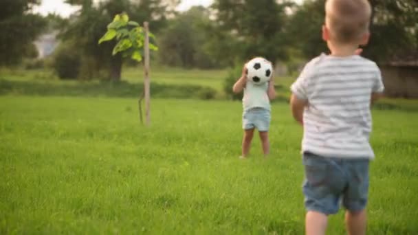 Dzieciństwo, gry i rozrywka, sport, kultura fizyczna, parki i koncepcja pleneru - mali chłopcy i dziewczęta grają w piłkę nożną czarno-białą na jasnozielonym trawniku w parku o zachodzie słońca. — Wideo stockowe