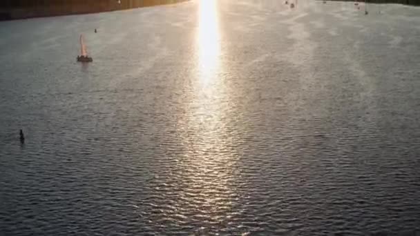 Transprt, embalses, viajes, concepto de navegación - levantamiento aéreo desde el puente de altura estanque de remo con barcos barcos yates y otros buques acuáticos turísticos en el ancho río Dnipro en Kiev al atardecer. — Vídeos de Stock