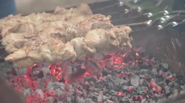 Kafeler ve restoranlar, yemek pişirme, piknik, doğu mutfağı konsepti yakın plan domuz eti ve kızarmış kömürde ızgarada kızartılmış tavuk kebabı. Açık havada Mens kömür demiri düzeltiyor