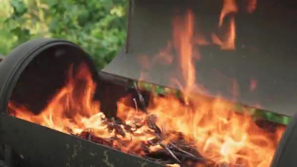 요리, 동양식 요리, 삼림 화재, 방화 개념 - 검은 금속으로 된 그릴에 불을 붙이고, 담배를 피우고, 바깥 야생 동물의 뜨거운 열기 속에서 고기와 야채 식품을 볶는 일 -. — 비디오
