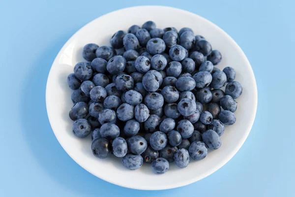 Φρούτα και λαχανικά, βιταμίνη, υγιεινά τρόφιμα και ποτά, παραδοσιακή ιατρική, γαστρονομία έννοια - διάταξη των νωπών μοβ βατόμουρο μούρα σε λευκό πιάτο ή αγγείο σε φωτεινό μπλε φόντο αντίγραφο χώρο — Φωτογραφία Αρχείου