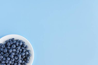 meyve ve sebze, vitamin, sağlıklı yiyecek ve içecek, geleneksel tıp, gastronomi konsepti - beyaz tabakta taze mor böğürtlen düzeni veya parlak mavi arkaplan fotokopi alanı üzerinde kap