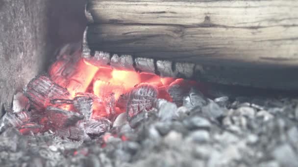 Cocina, cocina oriental, incendios forestales, concepto de incendio provocado - encender fuego y carbones en la parrilla metálica negro para fumar y freír carne y alimentos vegetales en el calor de la vida silvestre al aire libre con humo. — Vídeo de stock