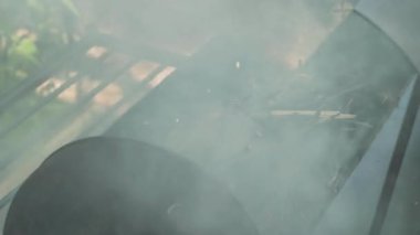 Yemek pişirme, doğu mutfağı, orman yangınları, kundakçılık konsepti - sigara ve sebze kızartmak için siyah metalik ızgarada ateş yakmak ve dışarıda, vahşi hayatın sıcağında dumanla et ve sebze kızartmak..