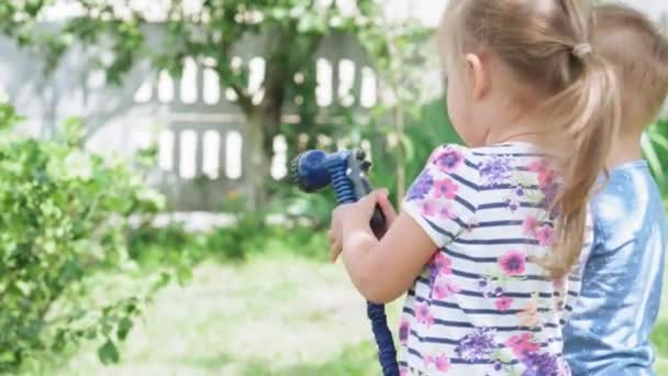 Letní sklizeň, dětství, zdravá výživa - obecný plán malých dětí, chlapců a dívek, irská dvojčata ve věku 2 a 3 let, nalévají vodu z hadic na rostliny v zahradě venkovského domu. — Stock video