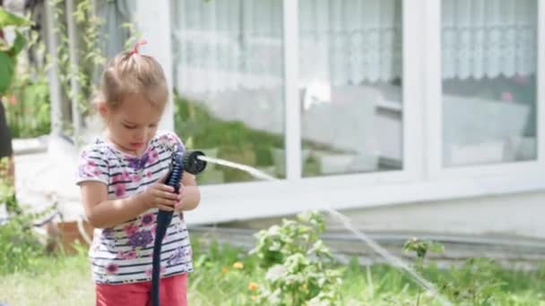 Sommarskörd, barndom, hälsosam kost koncept - allmän plan för små barn, pojke och flicka, irländska tvillingar 2 och 3 år gamla, häller vatten från slangar på växter i trädgården på landet hus. — Stockvideo