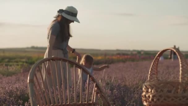 大家族、父亲、童年、母亲、普罗旺斯风格的概念- -夏夜日落前，年轻美丽的大妈牵着小女儿手牵着小女儿走在薰衣草花田上 — 图库视频影像