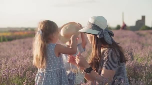Stor familj, faderskap, barndom, moderskap, provence stil koncept - ung mamma samla blommor med små barn dotter och son i korg på lavendel fält på sommaren kväll före solnedgången — Stockvideo