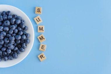 meyve ve sebze, vitamin, sağlıklı yiyecek ve içecek, geleneksel tıp, gastronomi konsepti - beyaz tabakta mor böğürtlen yerleşimi ve mavi arkaplan fotokopi alanı üzerine yazı