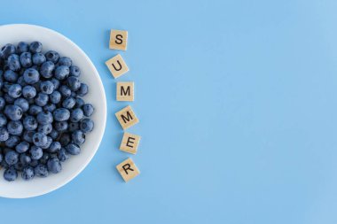 meyve ve sebze, vitamin, sağlıklı yiyecek ve içecek, geleneksel tıp, gastronomi konsepti - beyaz tabakta mor böğürtlen yerleşimi ve mavi arkaplan fotokopi alanı üzerine yazı