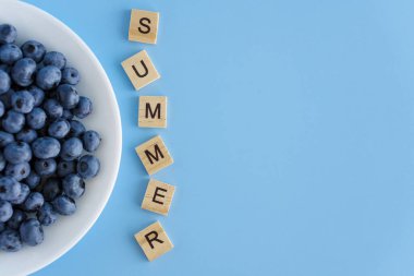 meyve ve sebze, vitamin, sağlıklı yiyecek ve içecek, geleneksel tıp, gastronomi konsepti - beyaz tabakta mor böğürtlen yerleşimi ve mavi arkaplan fotokopi alanı üzerine yazı