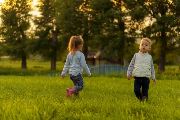 La infancia, la infancia, el desarrollo, el estado de ánimo otoñal, la medicina y el concepto de salud - dos niños pequeños de la misma edad, demuestran emociones de miedo y sorpresa en el prado verde en el parque al atardecer. — Foto de Stock