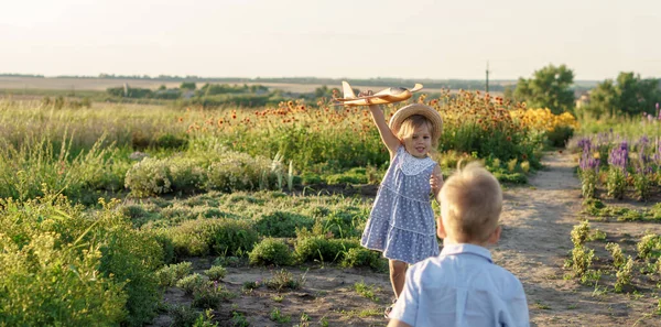 childhood, provence style concept - banner 3 year old blonde little girl kid in blue dress and straw hat slavic appearance run along path with toy plane on lavender field on summer sunset copy space