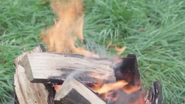 Cocina, cocina oriental, incendios forestales, concepto de incendio provocado - encender fuego y carbones en la parrilla metálica negro para fumar y freír carne y alimentos vegetales en calor con humo y fondo de hierba verde — Vídeos de Stock