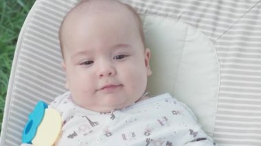 bebeklik, çocukluk, gelişme, yaz tatili, tıp ve sağlık konsepti - Beş aylık uyanık bebek bebek portresi yeşil çimenlerin arka planında sallanan sandalyede yatıyor
