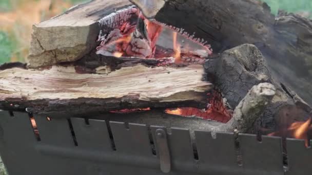 Cocina, cocina oriental, incendios forestales, concepto de incendio provocado - encender fuego y carbones en la parrilla metálica negro para fumar y freír carne y alimentos vegetales en calor con humo y fondo de hierba verde — Vídeos de Stock