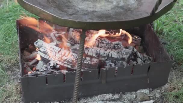 Cafes and restaurants, cooking, picnic, oriental kitchen concept - close-up preparing a huge frying pan for cooking food over a campfire outdoors: meat, vegetables, fish and other dishes — Stock Video