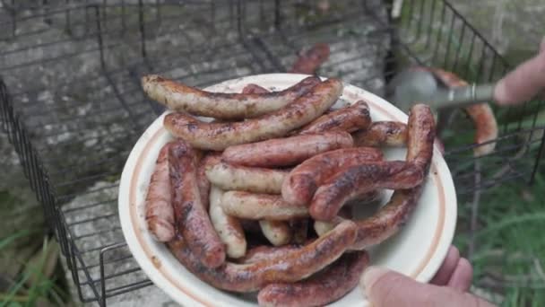 Cafes and restaurants, cooking, picnic, oriental kitchen concept - close-up mens hands collected on plate ready cold cuts sausages on barbecue grill strung on skewer smoked and fried on roasted coals — Stock Video