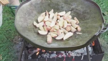 Kafeler ve restoranlar, yemek pişirme, piknik, doğu mutfağı konsepti - kamp ateşi üzerinde yemek pişirmek için büyük patates serpiştirme kapları: et, sebze, balık diğer yemekler.