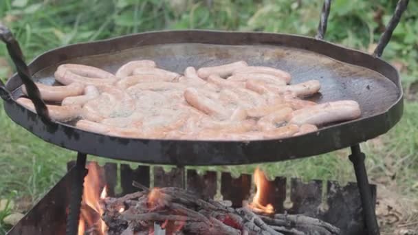 Cafes and restaurants, cooking, picnic, oriental kitchen concept - close-up cold cuts sausages on huge frying pan for cooking food over campfire outdoors smoked and fried on roasted coals. — Stock Video