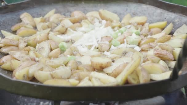 烹饪，野餐，东方厨房概念- -特写洋葱切在土豆上，放在巨大的油锅上，在户外篝火上烹调食物。 — 图库视频影像