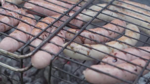 Cafes and restaurants, cooking, picnic, oriental kitchen concept - close-up cold cuts sausages on barbecue grill strung on skewer smoked and fried on roasted coals. Outdoor mens hand prepares to eat. — Stock Video