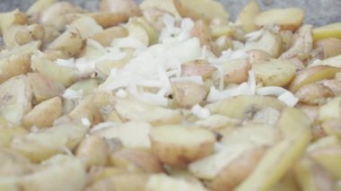 Yemek pişirmek, piknik yapmak, doğuya özgü mutfak konsepti. Patates kızartma tavasının üzerine düşmüş. Kamp ateşinde yemek pişirmek için.