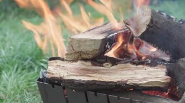 Yemek pişirme, doğu mutfağı, orman yangınları, kundakçılık kavramı - duman ve yeşil otların arka planında kızgın et ve sebze kızartma için siyah metalik ızgarada ateş ve kömür yakma