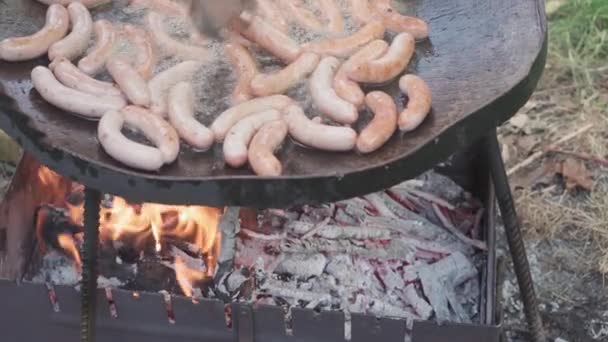 Cafés und Restaurants, Kochen, Picknick, orientalisches Küchenkonzept - Wurst aus nächster Nähe auf großer Pfanne zum Kochen über dem Lagerfeuer im Freien geräuchert und auf gebratenen Kohlen gebraten. — Stockvideo