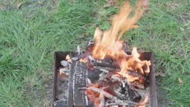 Yemek pişirme, doğu mutfağı, orman yangınları, kundakçılık kavramı - duman ve yeşil otların arka planında kızgın et ve sebze kızartma için siyah metalik ızgarada ateş ve kömür yakma