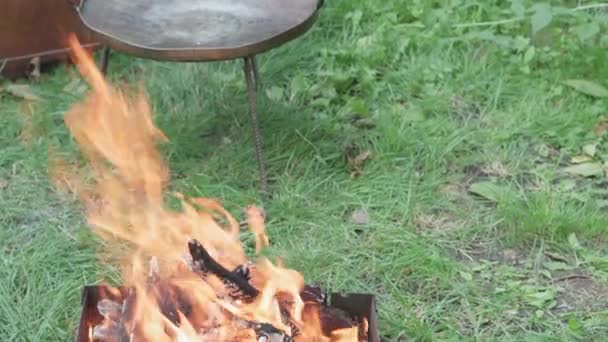 Cocina, cocina oriental, incendios forestales, concepto de incendio provocado - encender fuego y carbones en la parrilla metálica negro para fumar y freír carne y alimentos vegetales en calor con humo y fondo de hierba verde — Vídeos de Stock