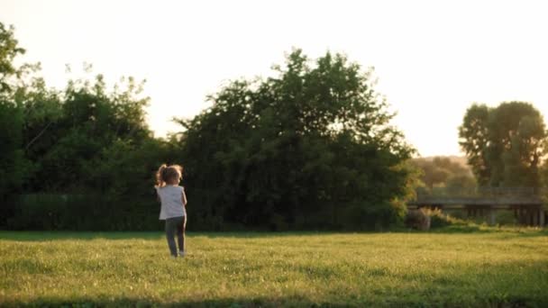 Infância, jogos e entretenimento, esportes, cultura física, parques e conceito ao ar livre - meninos e meninas crianças jogam futebol com bola preta e branca no gramado verde brilhante no parque ao pôr do sol. — Vídeo de Stock